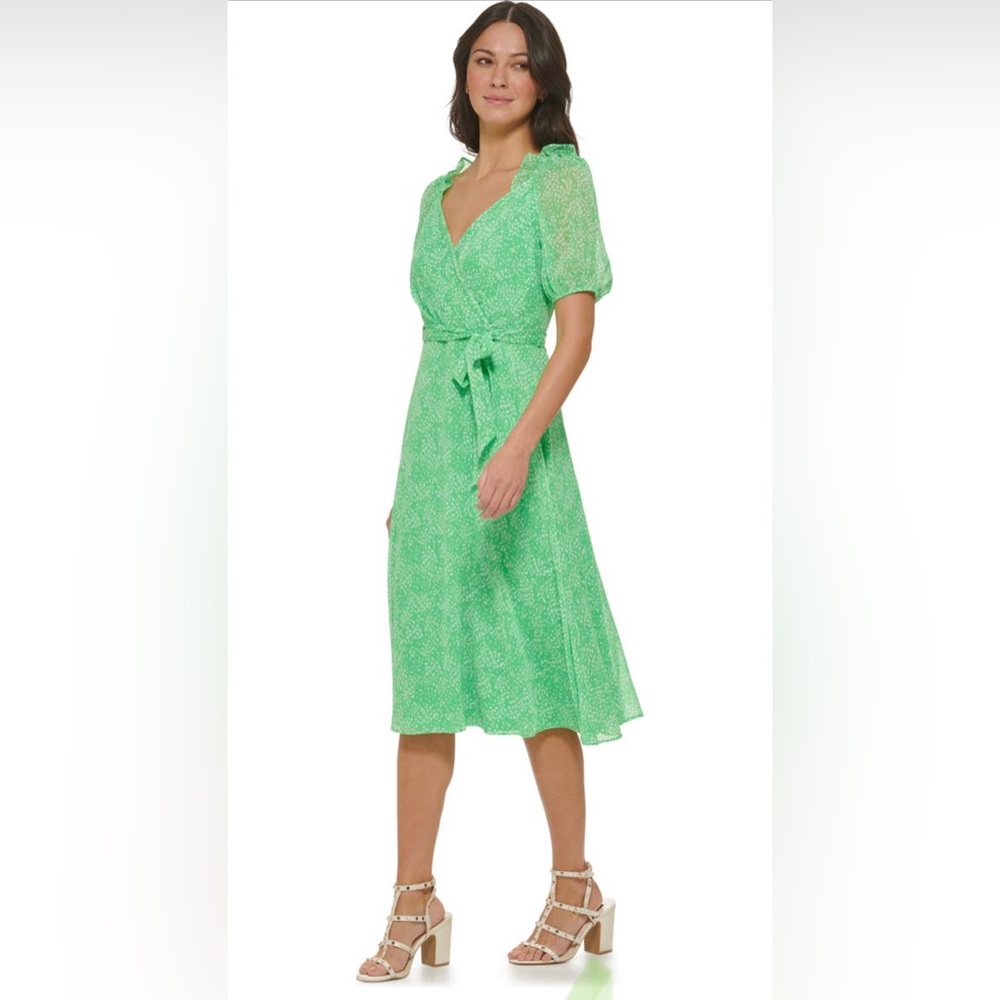 DKNY Puff Sleeved Ruffle Green Spotted White Midi Dress